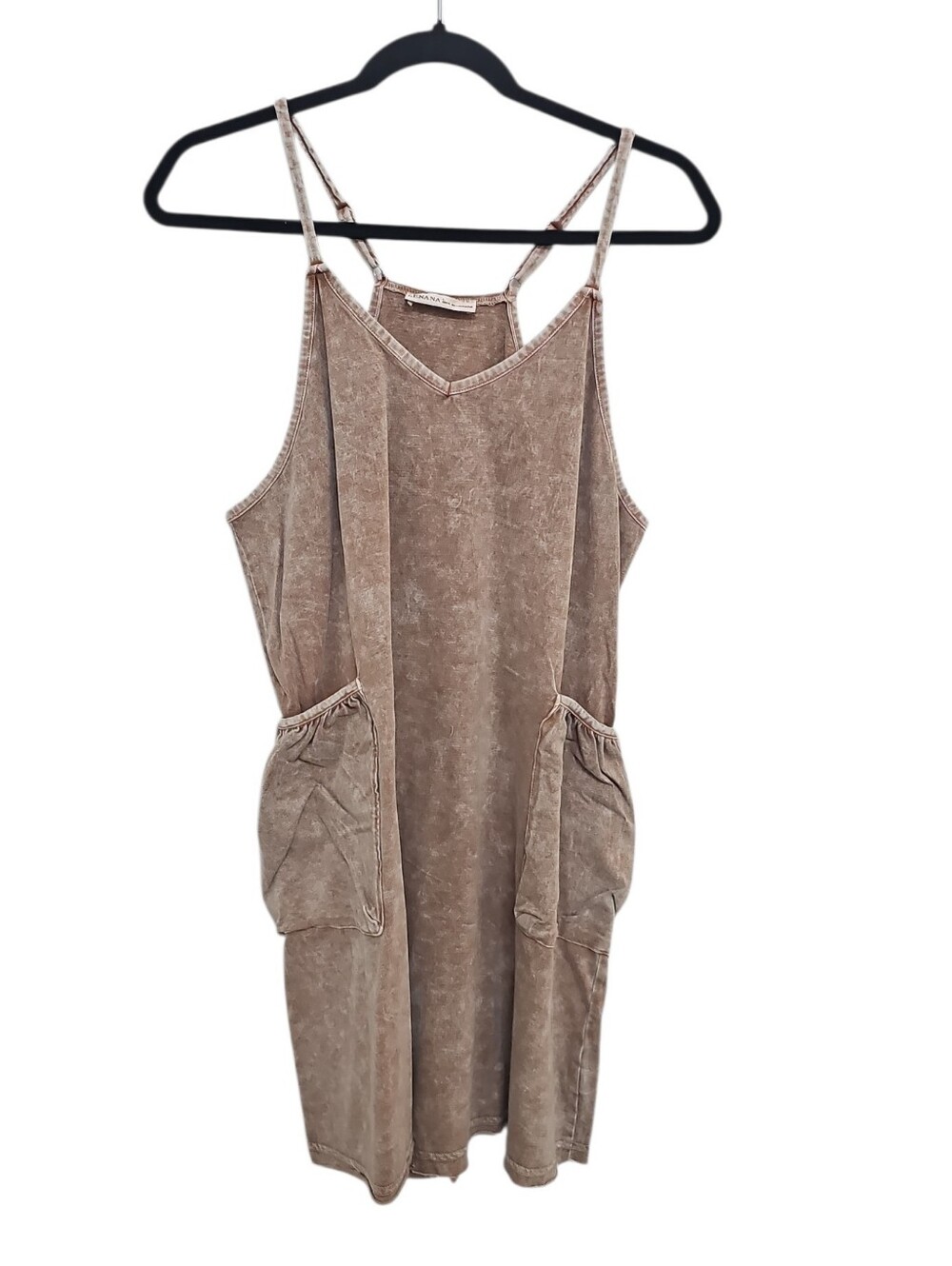 Zenana Brown Washed Tank Romper Dress Size L Cotton Pockets New